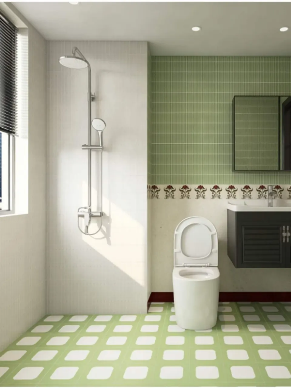 Sage Green and Blush Pink Rounded Square Small Flower Tile for Walls and Floors