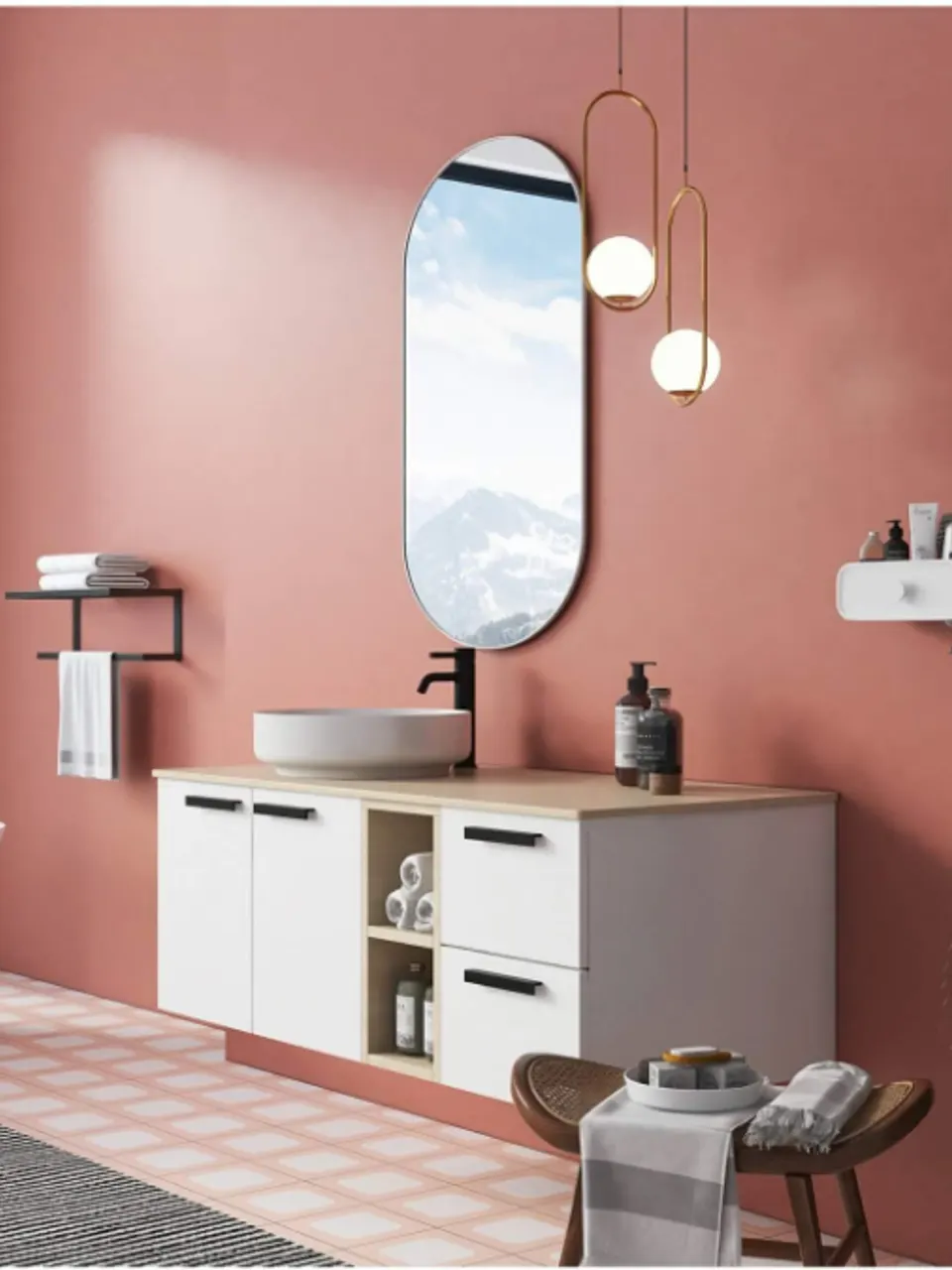 Blush Pink and White Rounded Square Small Flower Tile for Walls and Floors