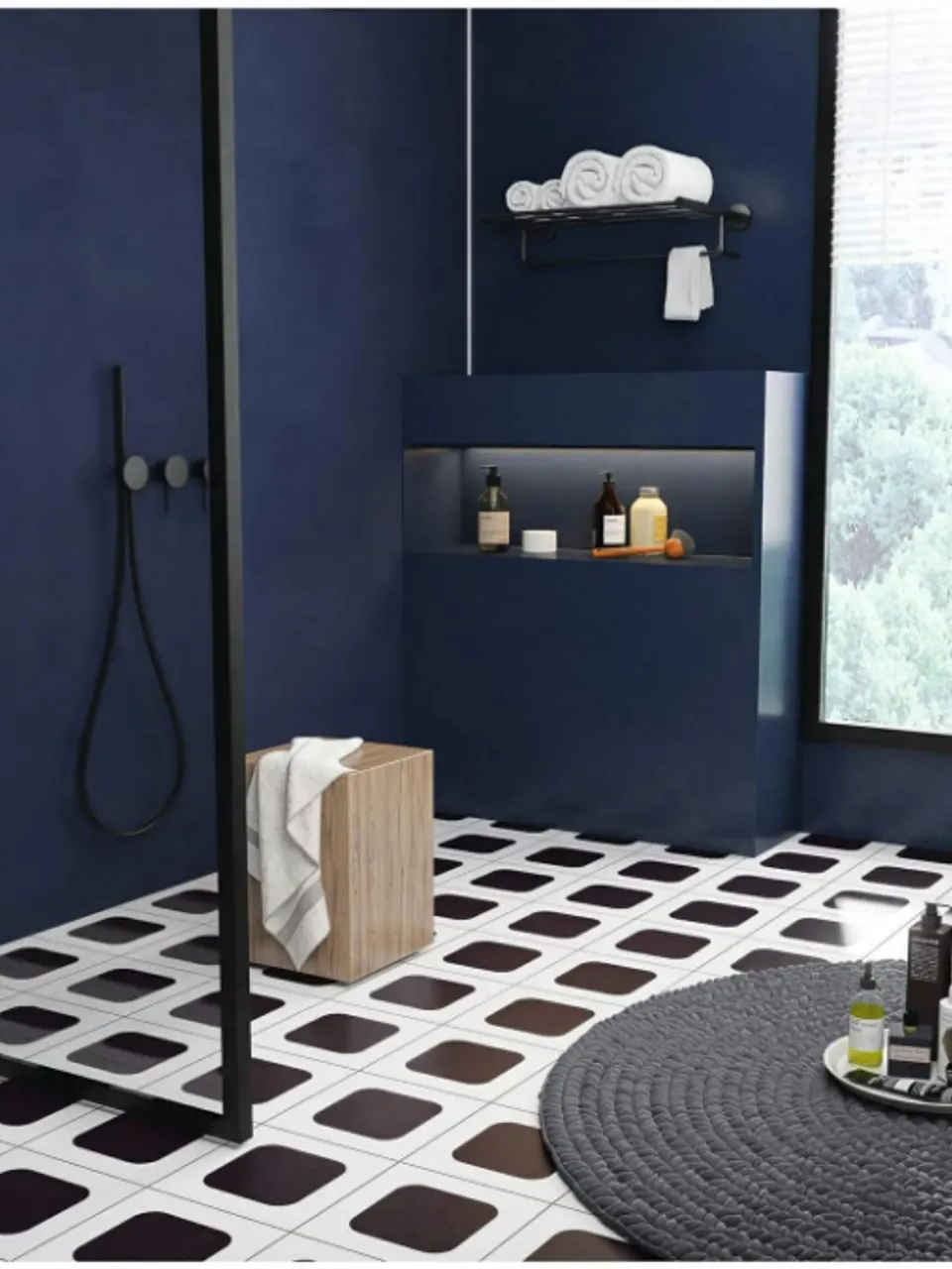 Charcoal Black and White Rounded Square Small Flower Tile for Walls and Floors