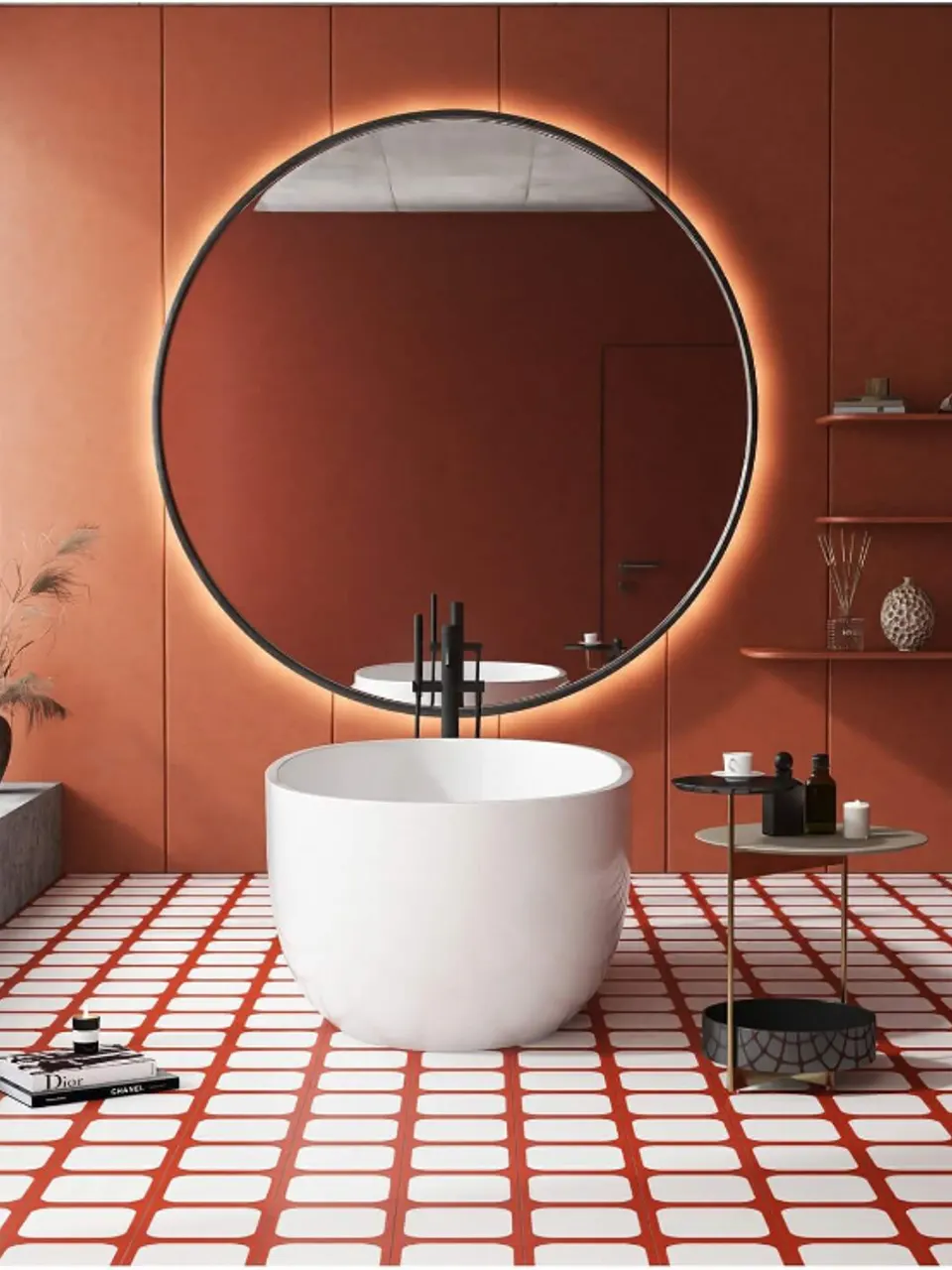 Terracotta Brown and White Rounded Square Small Flower Tile for Walls and Floors