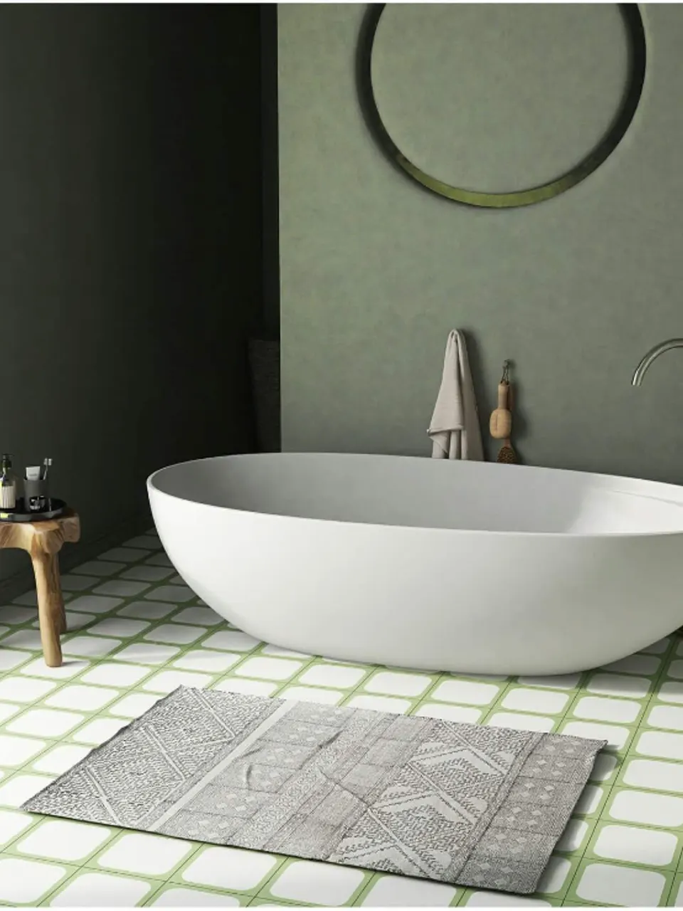 Sage Green and White Large Rounded Square Small Flower Tile for Walls and Floors