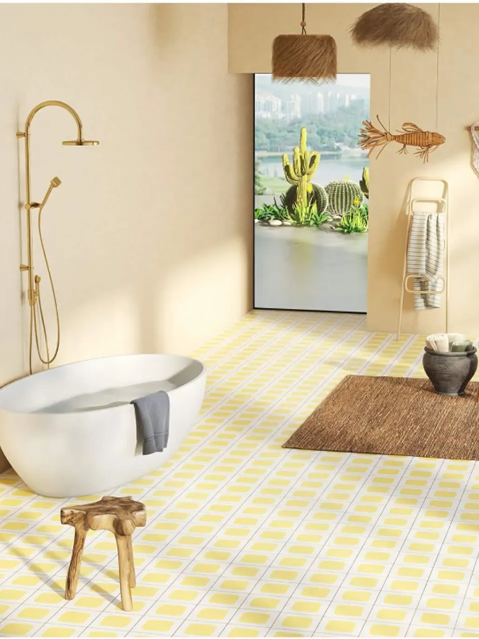 White and Butter Yellow Large Rounded Square Small Flower Tile for Walls and Floors