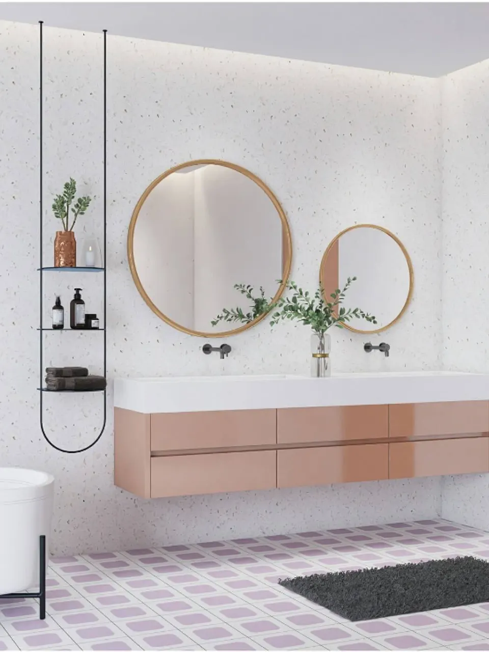White and Blush Pink Rounded Square Small Flower Tile for Walls and Floors