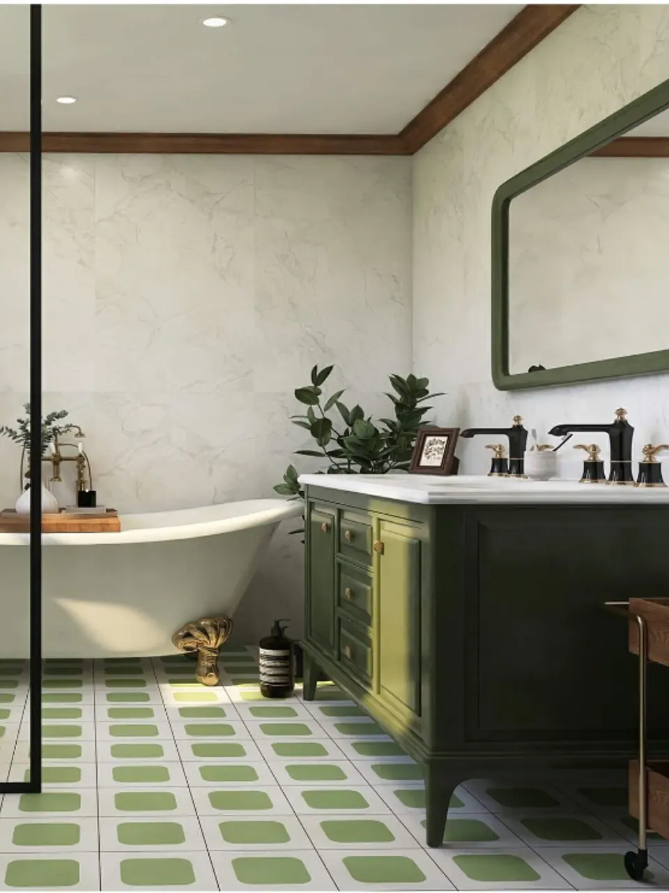White and Sage Green Rounded Square Small Flower Tile for Walls and Floors