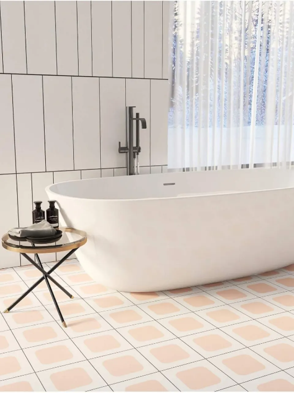 White and Beige Rounded Square Small Flower Tile for Walls and Floors