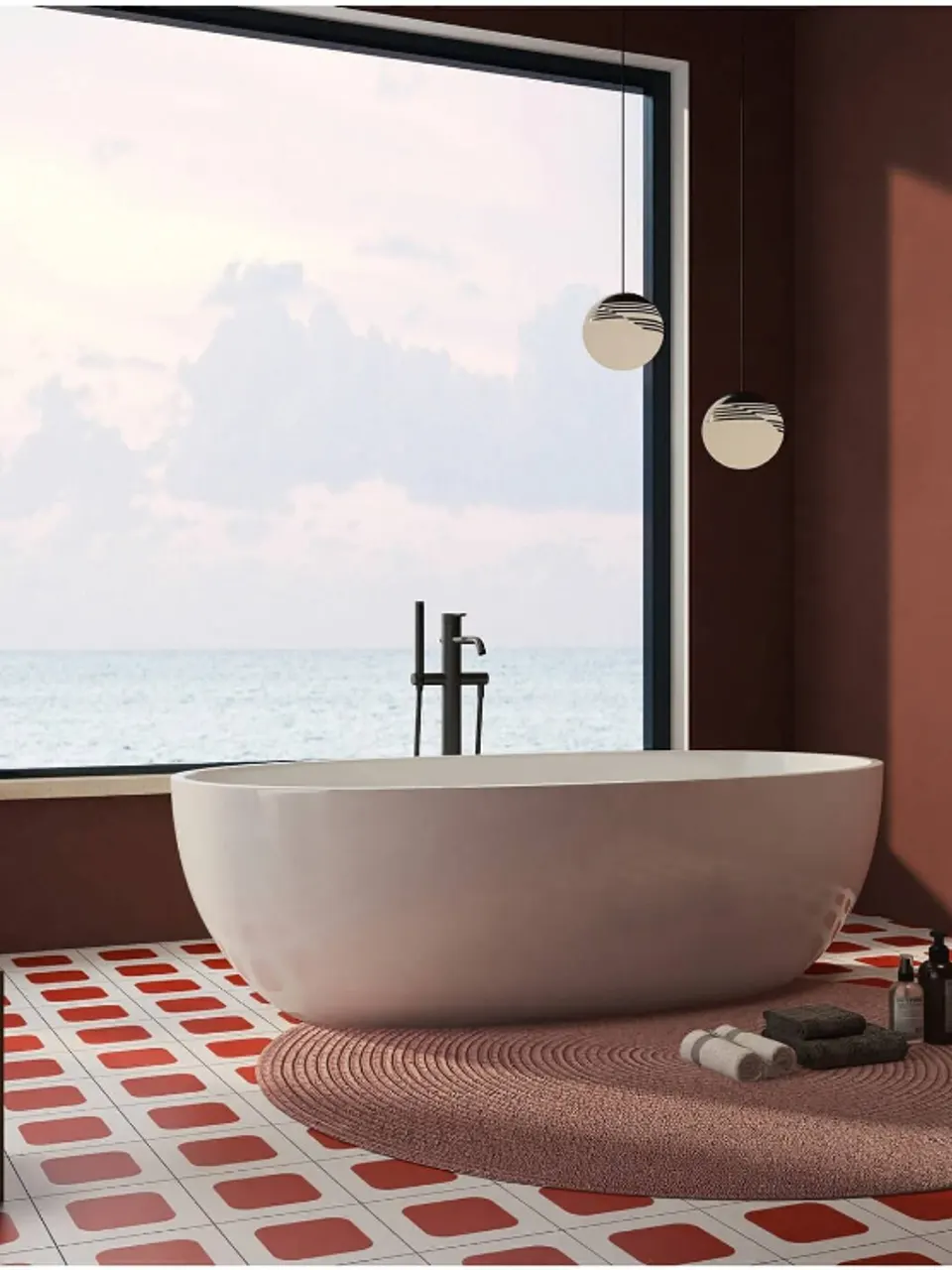 White and Terracotta Red Rounded Square Small Flower Tile for Walls and Floors