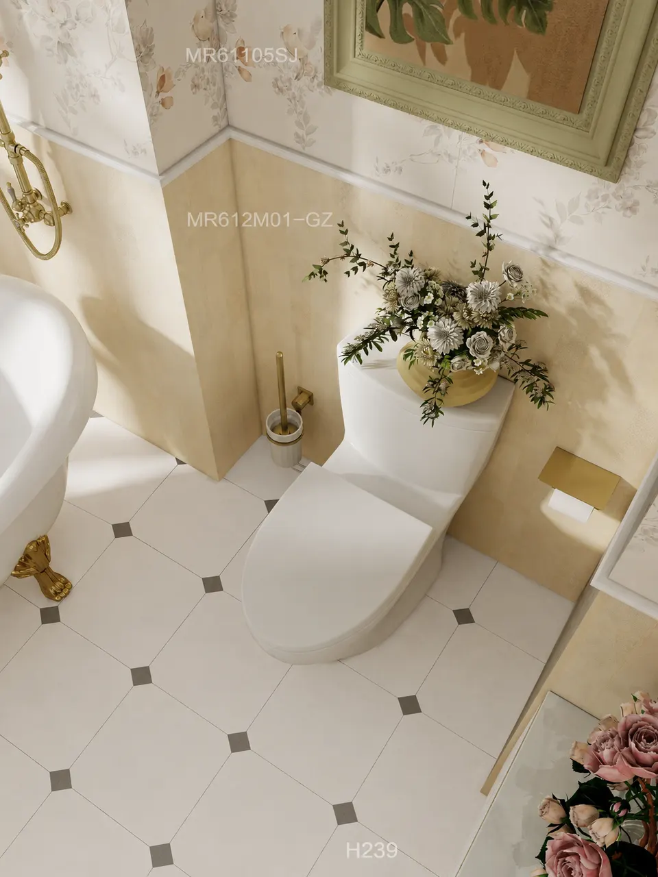 Ivory and Charcoal Diamond Corner Flower Small Flower Tile for Walls and Floors
