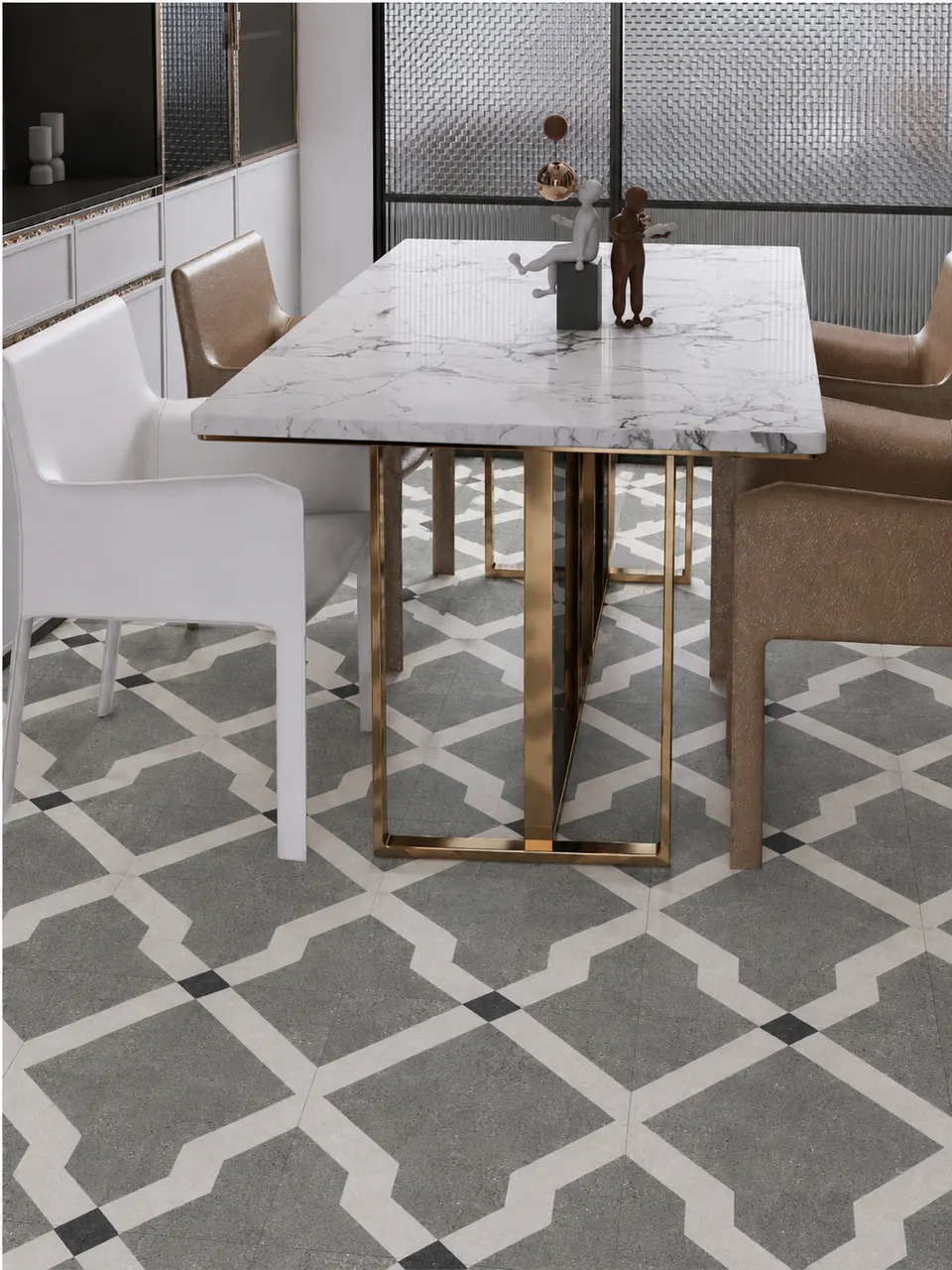 Grey & White Star Flower Small Tile for Walls and Floors