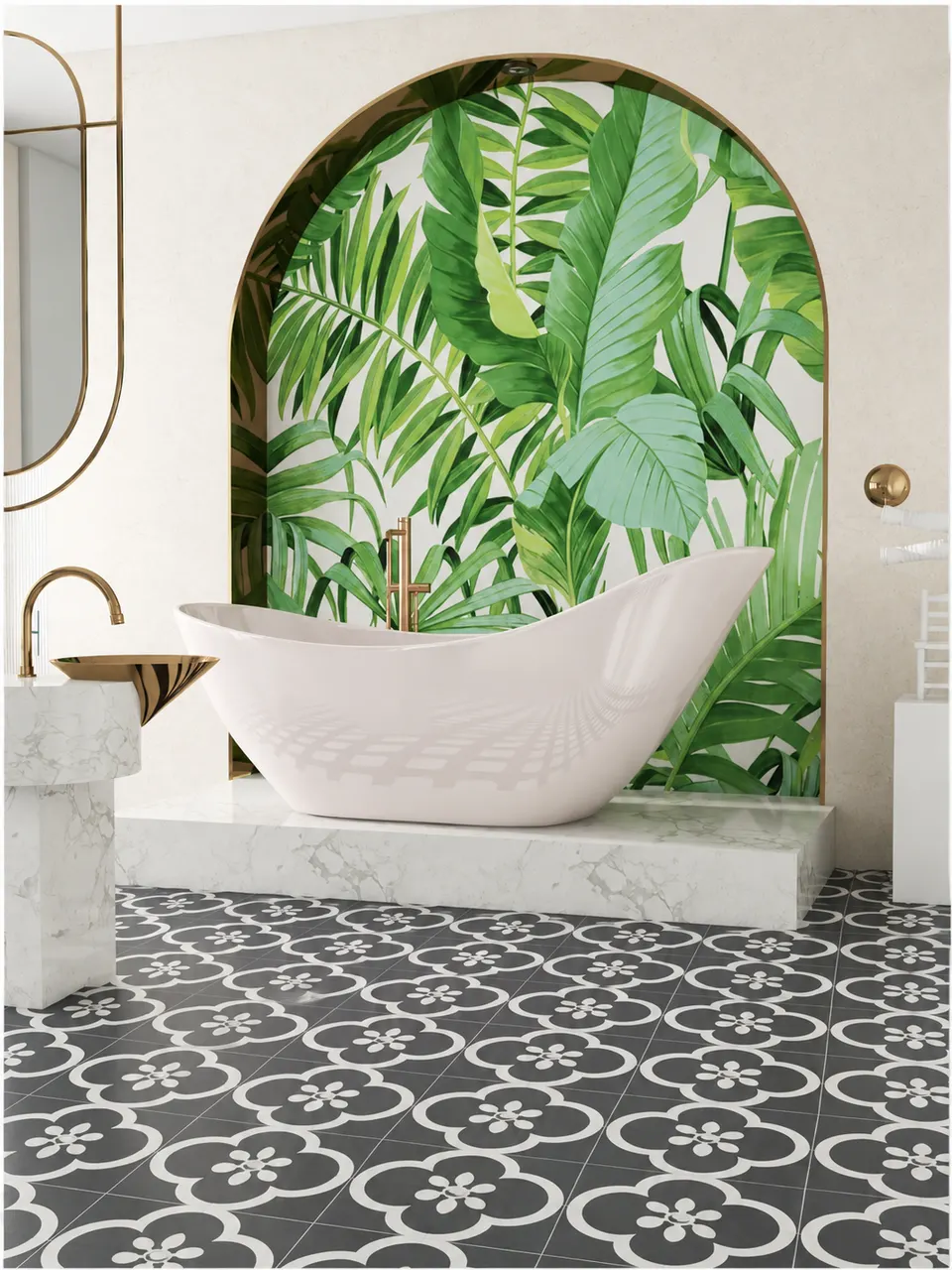 Charcoal Navy and White Quatrefoil Leaf Flower Small Tile for Walls and Floors