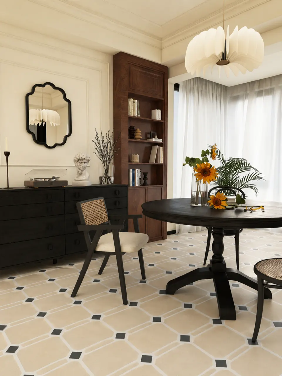 Beige, Light Blue and Charcoal Lattice Flower Small Tile for Walls and Floors