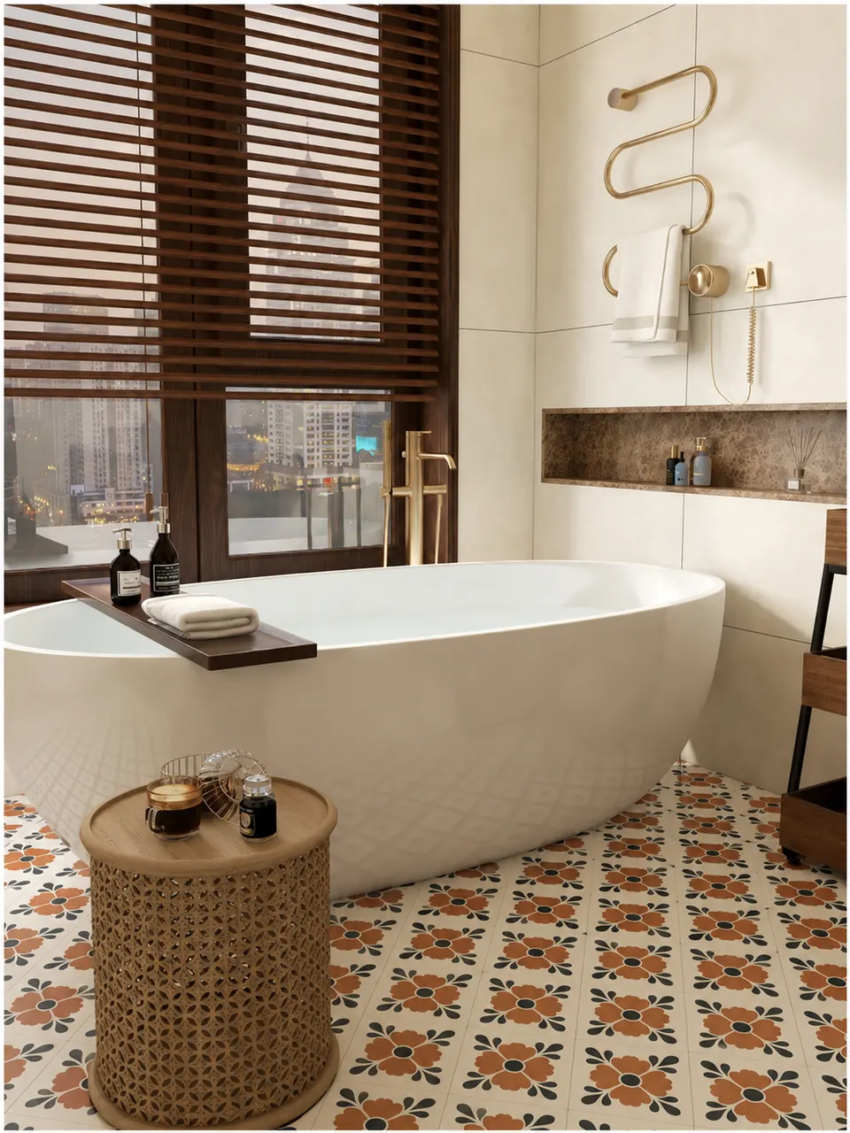 Terracotta Brown, Charcoal and Ivory Folk Flower Small Tile for Walls and Floors