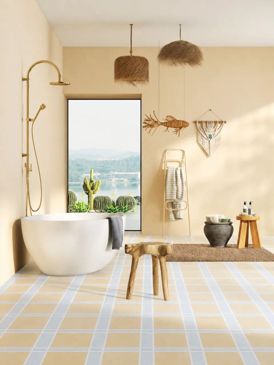 Beige and Light Blue Plaid Blossom Small Tile for Walls and Floors