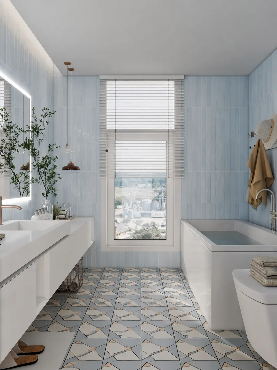 Dusty Blue Geometric Blossom Small Tile for Walls and Floors