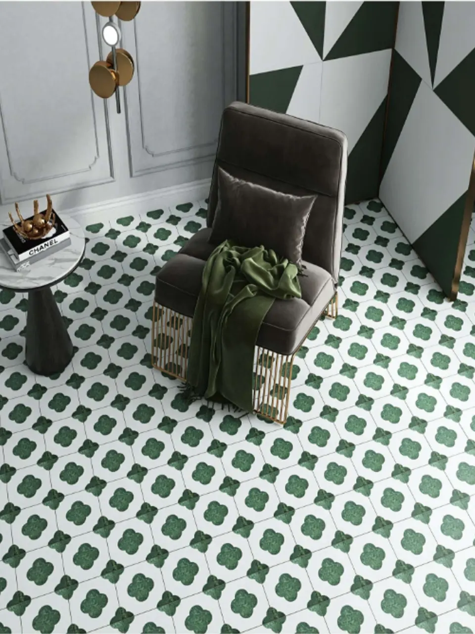 White & Moss Green Quatrefoil Decorative Tile for Wall & Floor
