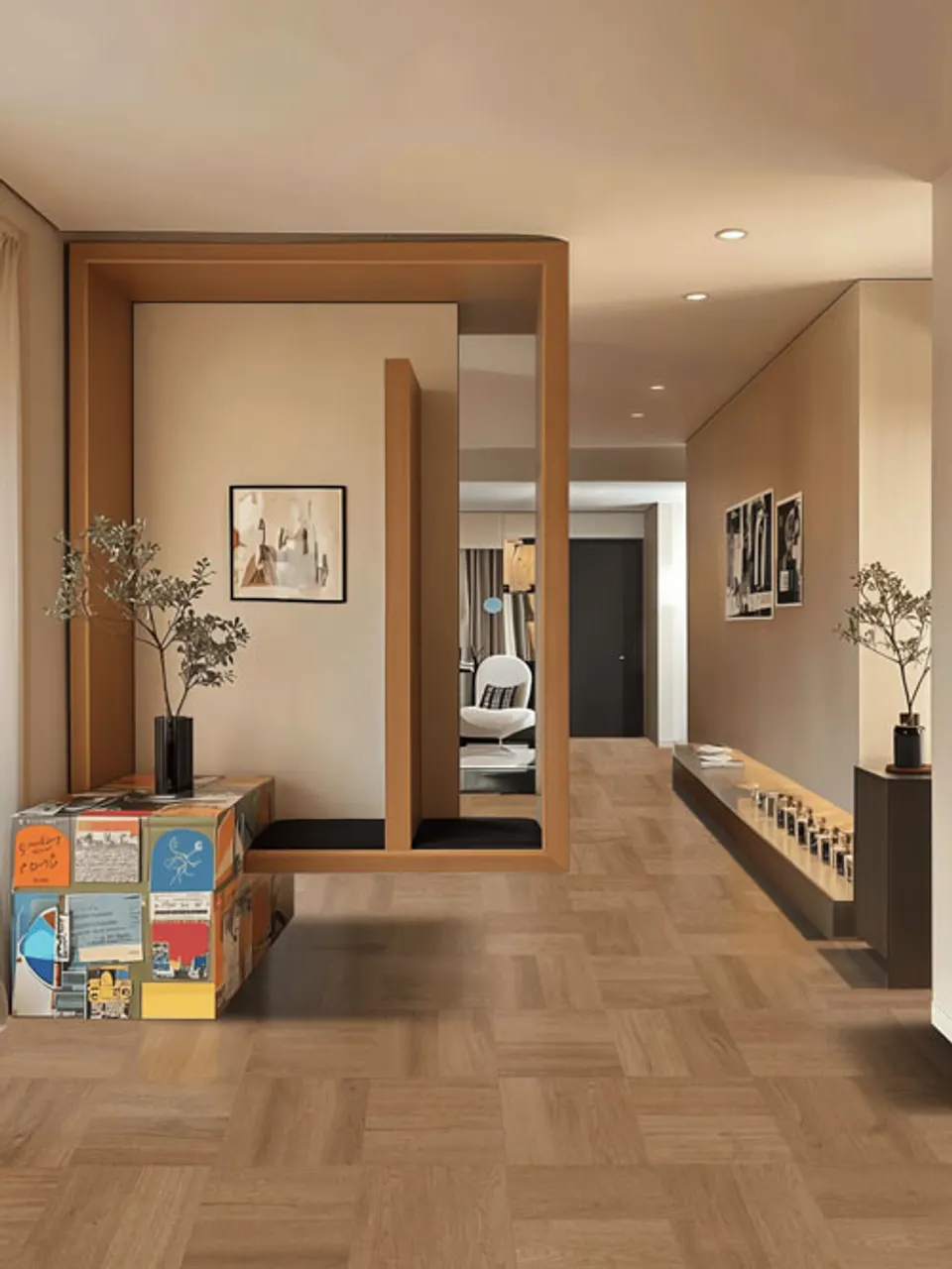Warm Brown Oak Patchwork Wood-Look Porcelain Tile for Wall and Floor