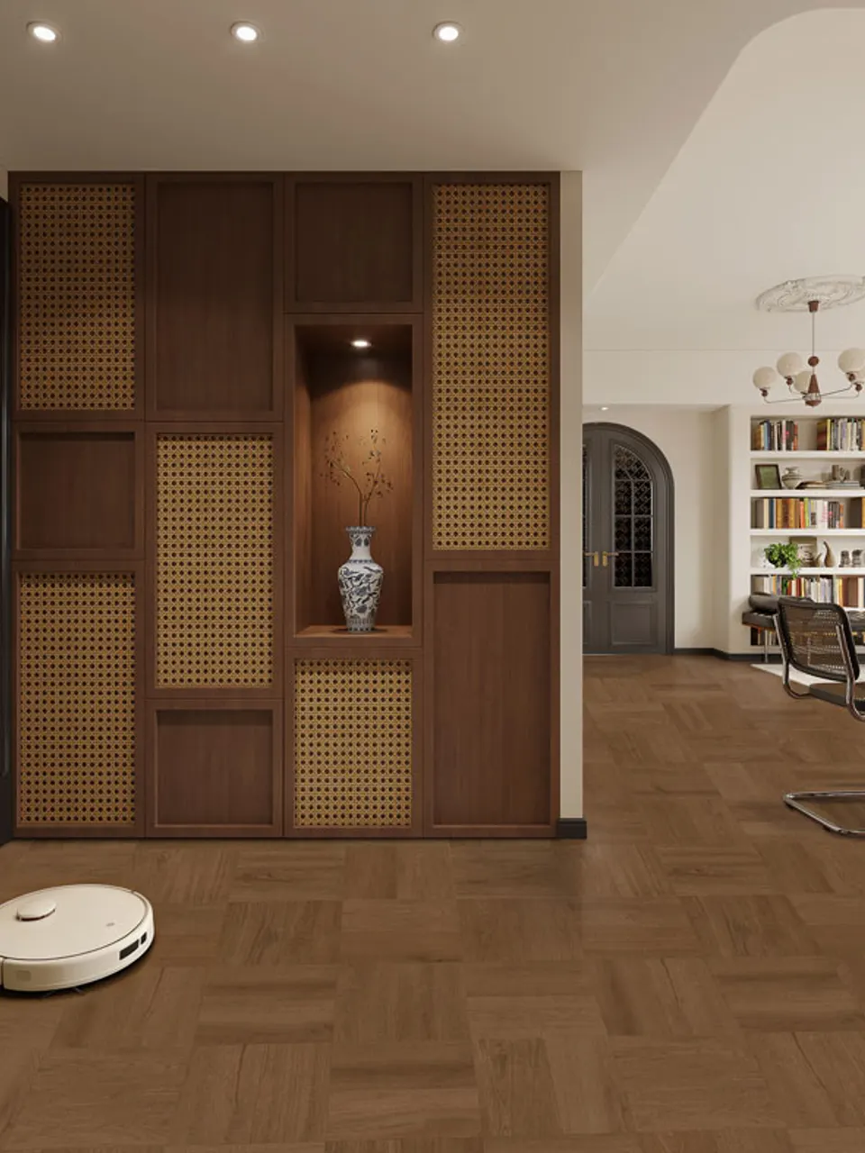 Dark Brown Oak Patchwork Wood-Look Porcelain Tile for Wall and Floor