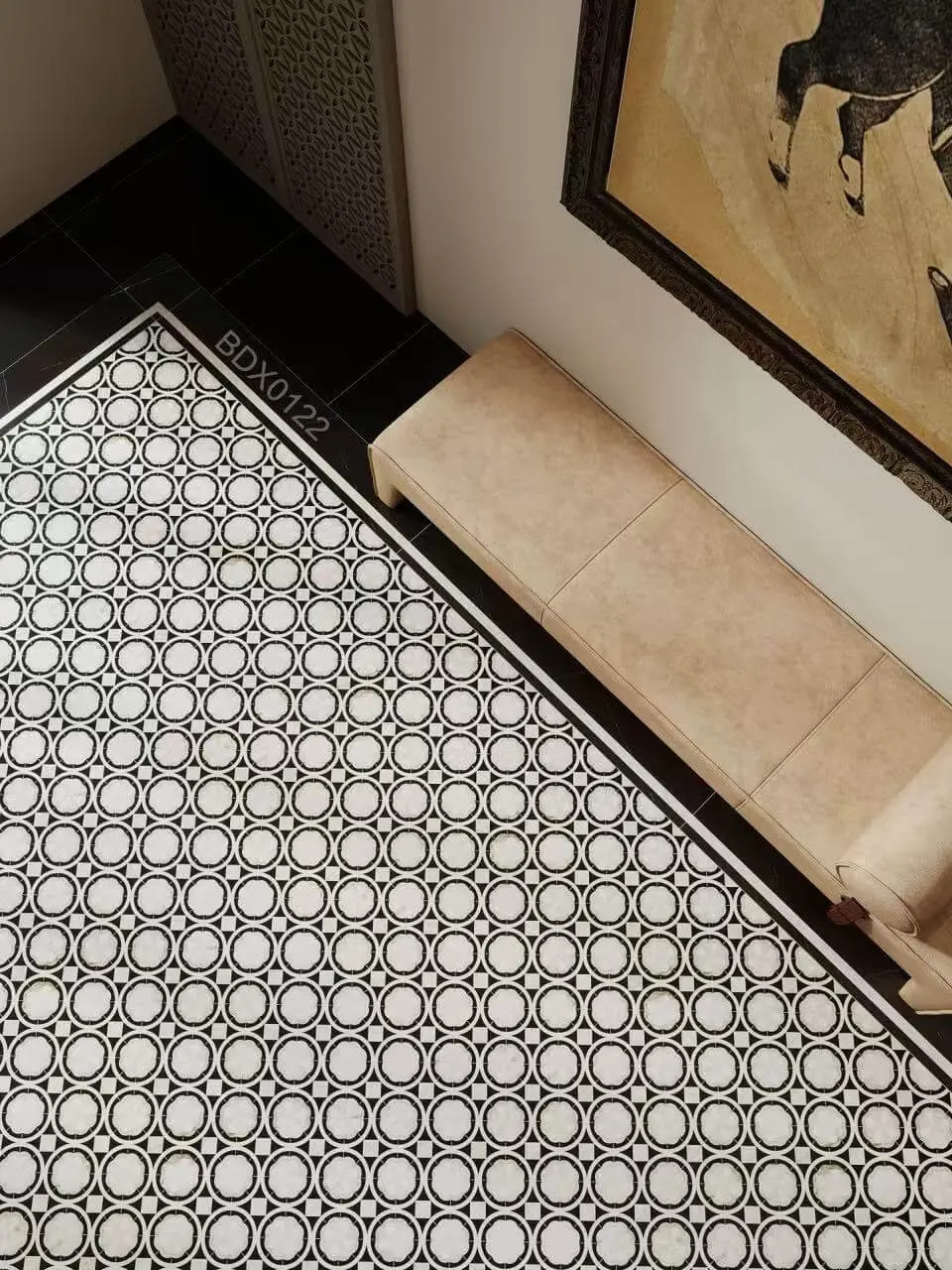 White & Black Floral Medallion Mosaic-Look Wall & Floor Tile