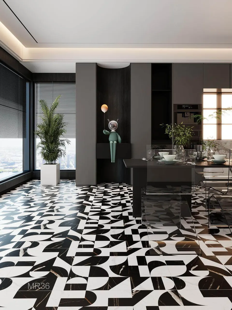 Black & White Abstract Geometric Mosaic-Look Wall & Floor Tile